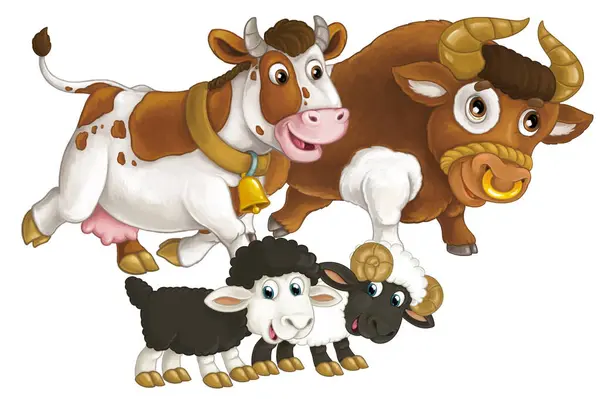 幸せな農場の動物の牛と雄牛と2匹の羊が一緒に楽しんでいる漫画のシーン 子供のための孤立したイラスト — ストック写真
