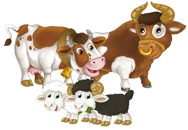 幸せな農場の動物の牛と雄牛と2匹の羊が一緒に楽しんでいる漫画のシーン 子供のための孤立したイラスト — ストック写真