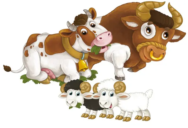 Escena Dibujos Animados Con Granja Feliz Vaca Animal Bul Dos —  Fotos de Stock