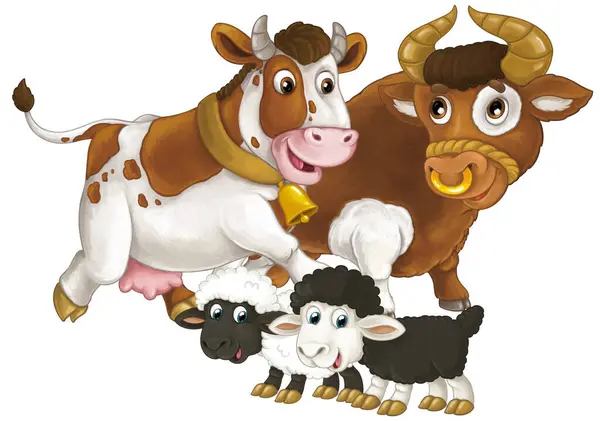 Zeichentrickszene Mit Glücklichen Nutztieren Kuh Und Zwei Schafen Die Zusammen — Stockfoto