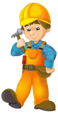 Çelik kirişin önünde duran bazı ek güvenlik kılıflarında çizgi film inşaat işçisi çocuklar için izole bir illüstrasyon