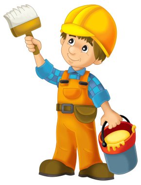 Çelik kirişin önünde duran bazı ek güvenlik kılıflarında çizgi film inşaat işçisi çocuklar için izole bir illüstrasyon