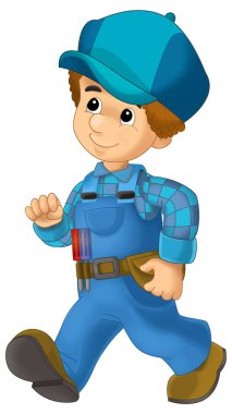 Çelik kirişin önünde duran bazı ek güvenlik kılıflarında çizgi film inşaat işçisi çocuklar için izole bir illüstrasyon