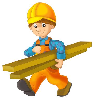 Çelik kirişin önünde duran bazı ek güvenlik kılıflarında çizgi film inşaat işçisi çocuklar için izole bir illüstrasyon