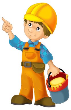 Çelik kirişin önünde duran bazı ek güvenlik kılıflarında çizgi film inşaat işçisi çocuklar için izole bir illüstrasyon