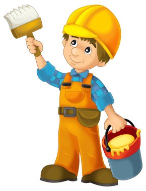 Çelik kirişin önünde duran bazı ek güvenlik kılıflarında çizgi film inşaat işçisi çocuklar için izole bir illüstrasyon