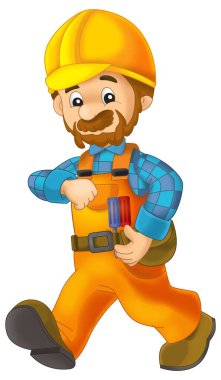 Çelik kirişin önünde duran bazı ek güvenlik kılıflarında çizgi film inşaat işçisi çocuklar için izole bir illüstrasyon