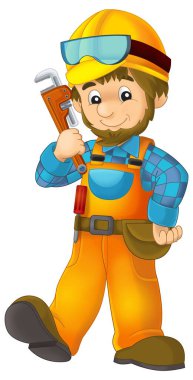 Çelik kirişin önünde duran bazı ek güvenlik kılıflarında çizgi film inşaat işçisi çocuklar için izole bir illüstrasyon