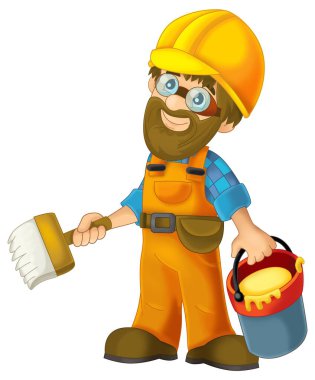 Çelik kirişin önünde duran bazı ek güvenlik kılıflarında çizgi film inşaat işçisi çocuklar için izole bir illüstrasyon