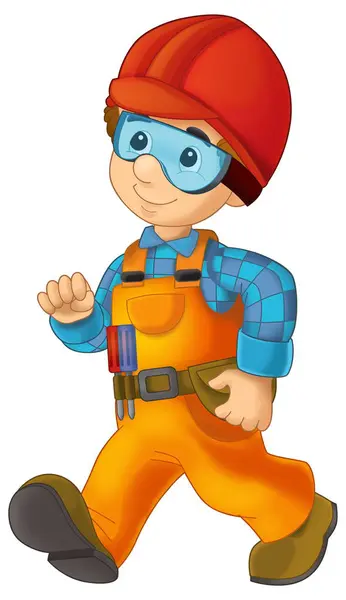 Cartoon Construction Worker Some Additional Safety Cover Standing Front Steel — Stock Photo, Image