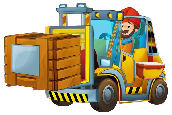Forklift Operatöründe Çalışan Işçiyle Karikatür Sahnesi Çocuklar Için Izole Edilmiş — Stok fotoğraf