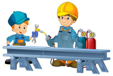 Çelik kirişin önünde duran bazı ek güvenlik kılıflarında çizgi film inşaat işçisi çocuklar için izole bir illüstrasyon