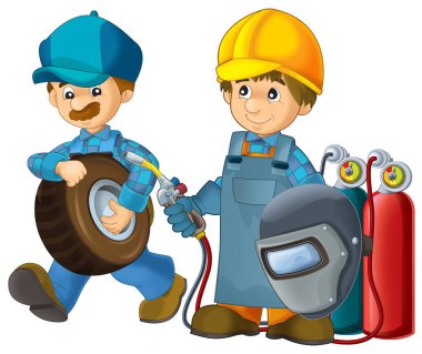 Çizgi film inşaat işçisi çocuklar için izole edilmiş bir illüstrasyonda ek bir güvenlik kılıfı içinde