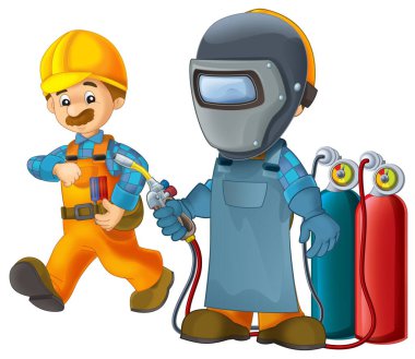 Çizgi film inşaat işçisi çocuklar için izole edilmiş bir illüstrasyonda ek bir güvenlik kılıfı içinde