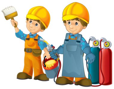 Çizgi film inşaat işçisi çocuklar için izole edilmiş bir illüstrasyonda ek bir güvenlik kılıfı içinde