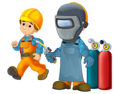 Çizgi film inşaat işçisi çocuklar için izole edilmiş bir illüstrasyonda ek bir güvenlik kılıfı içinde