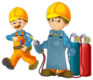 Çizgi film inşaat işçisi çocuklar için izole edilmiş bir illüstrasyonda ek bir güvenlik kılıfı içinde