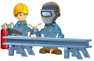 Çelik kirişin önünde duran bazı ek güvenlik kılıflarında çizgi film inşaat işçisi çocuklar için izole bir illüstrasyon