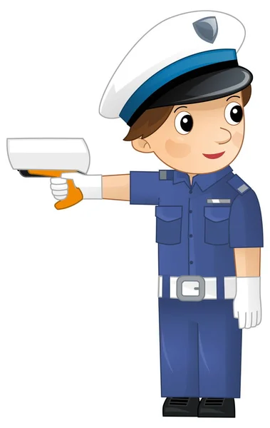 Personaje Dibujos Animados Policía Niño Trabajo Medición Velocidad Calle Ilustración — Foto de Stock