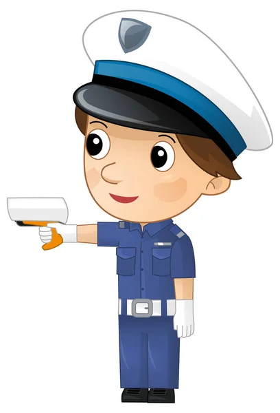 Postać Kreskówki Policjant Chłopiec Pracy Pomiar Prędkości Ulicy Izolowane Ilustracja — Zdjęcie stockowe