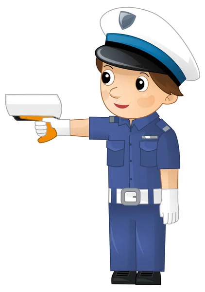 Cartoon Karakter Politieagent Jongen Het Werk Meten Snelheid Straat Geïsoleerde — Stockfoto