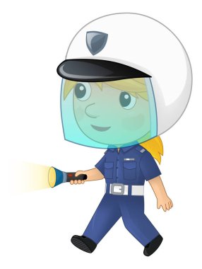 Çizgi film karakteri polis kızı işte kelepçeli ve miğferli çocuk resimleri çiziyor.