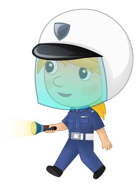 Çizgi film karakteri polis kızı işte kelepçeli ve miğferli çocuk resimleri çiziyor.