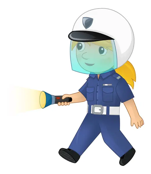 卡通人物女警在工作时戴着手铐和头盔 为孩子们做了一个孤立的插图 — 图库照片