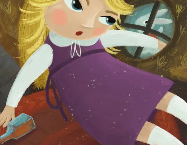 cartoon little girl in the hidden room of some castle like house and open small window drinking some potion illustration for kids