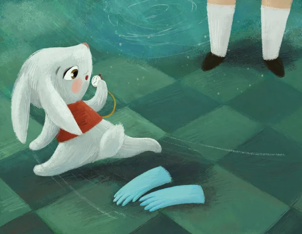 Zeichentrickszene Mit Hasen Auf Der Burg Wie Fußbodenillustration Mit Kindern — Stockfoto