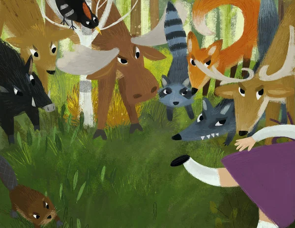 cartoon scene with any forest animals looking at running little girl in the woods illustation for kids