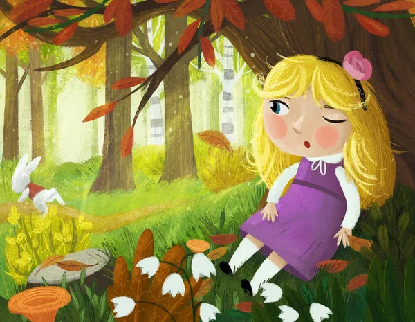 子供のための森のイラストで高貴なウサギを実行している見ている小さな少女との漫画のシーン — ストック写真