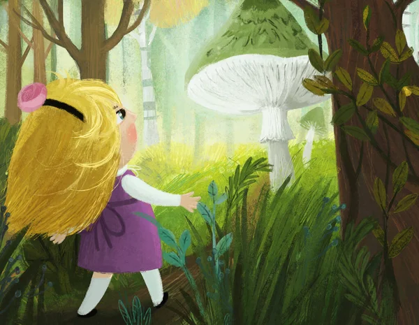 子供のためのいくつかの魔法の森のイラストで巨大なキノコを見る少女との漫画のシーン — ストック写真