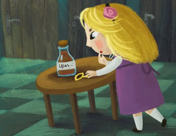 cartoon little girl in the hidden room of some castle like house with lots of doors and round table seeing some potion illustration for kids