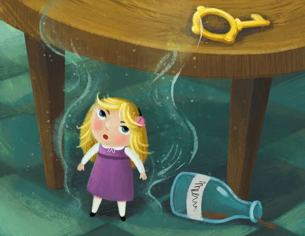 cartoon little girl in the hidden room of some castle like house and round table drinking some potion illustration for kids