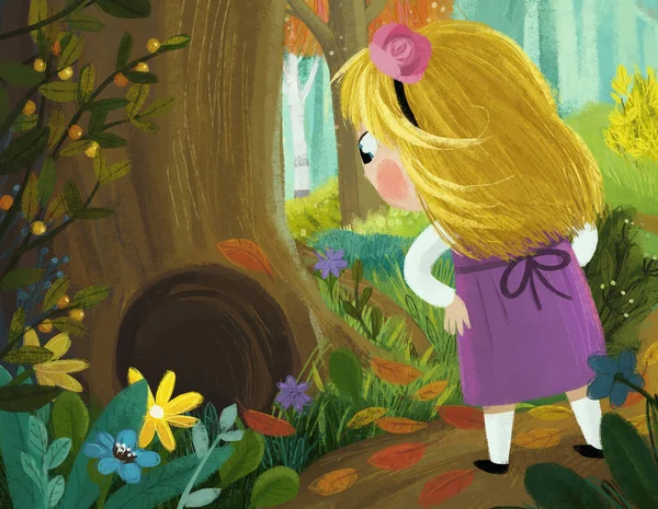 cartoon scene with little girl finding and seeing hidden hole in the tree in the forest illustration for kids