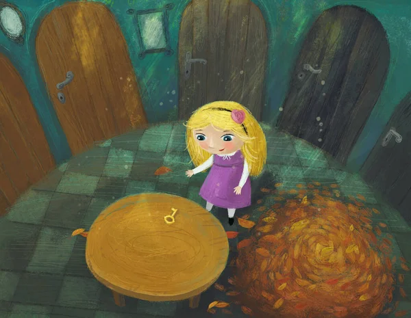 cartoon little girl in the hidden room of some castle like house with lots of doors and round table and autumn leafs illustration for kids