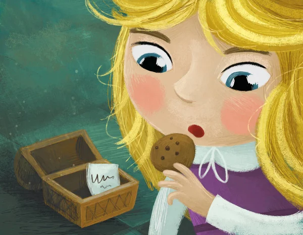 cartoon little girl in the hidden room of some castle like house and wooden chest eating some cookie illustration for kids