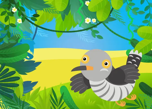 cartoon scene with forest and animal bird cuckoo illustration for kids