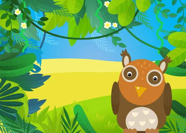 cartoon scene with forest and animal bird owl illustration for kids
