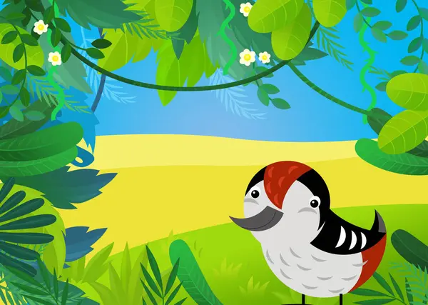 cartoon scene with forest and animal bird woodpecker illustration for kids