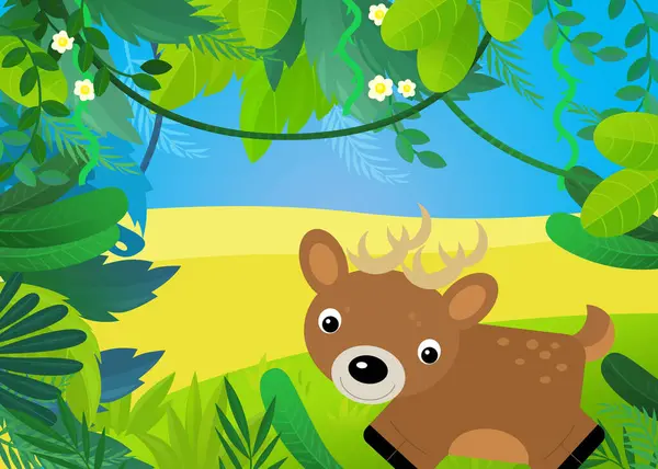 cartoon scene with forest and animal roe deer illustration for kids