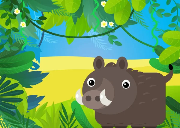 Scena Del Fumetto Con Foresta Animale Maiale Cinghiale Illustrazione Bambini — Foto Stock