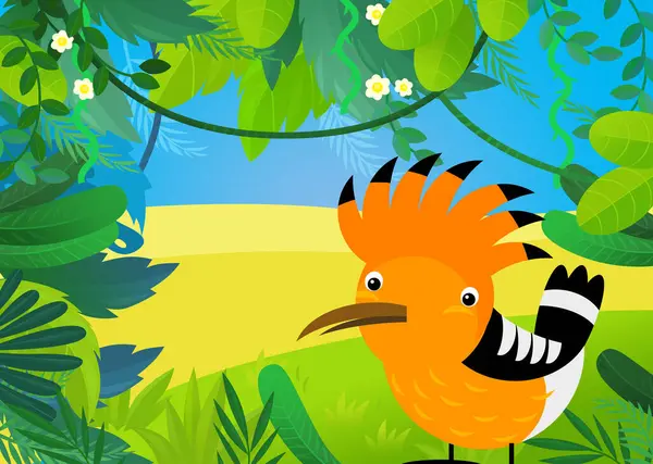 cartoon scene with forest and animal bird hoopoe illustration for kids