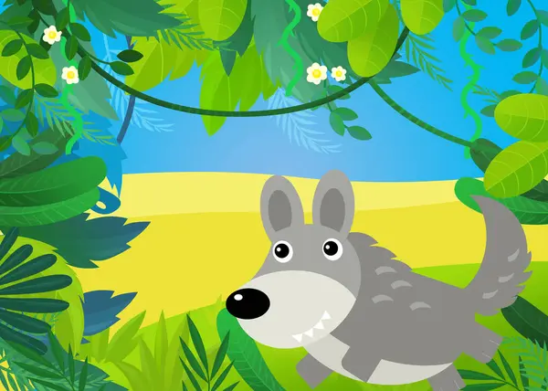 cartoon scene with forest and wolf running illustration for kids