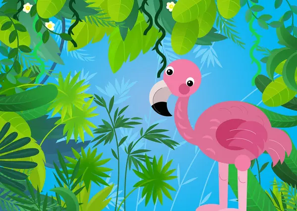 cartoon scene with safari animal flamingo illustration for kids