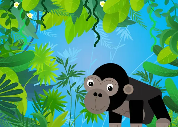 cartoon scene with safari animal ape monkey gorilla illustration for kids