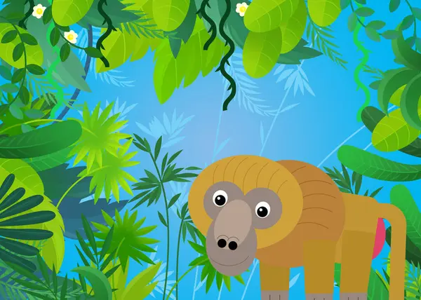 cartoon scene with safari animal ape baboon illustration for kids