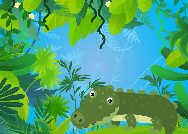 cartoon scene with safari animal reptile crocodile alligator illustration for kids