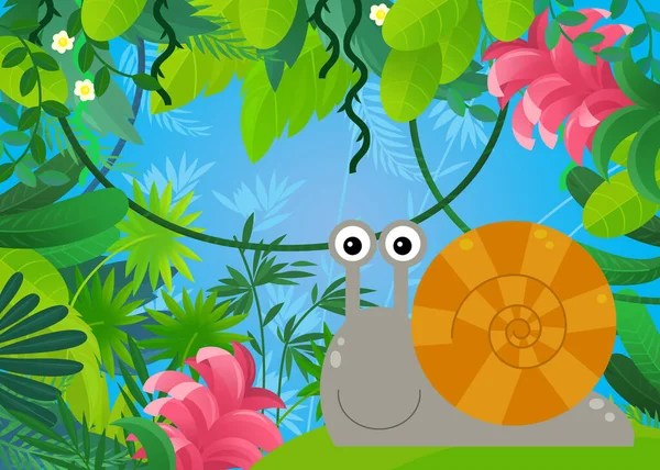 cartoon scene with forest and animal creature insect snail illustration for kids